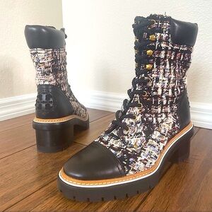 Tory Burch tweed combat boots fall boots winter boots lace up boots black bootie